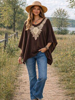 Bay Studio Embroidered Brown Batwing Sleeve Poncho-Style Top Petite Medium NWT